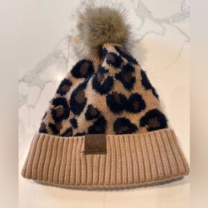C.C Leopard Print Beanie with Pom Pom - Tan and Black